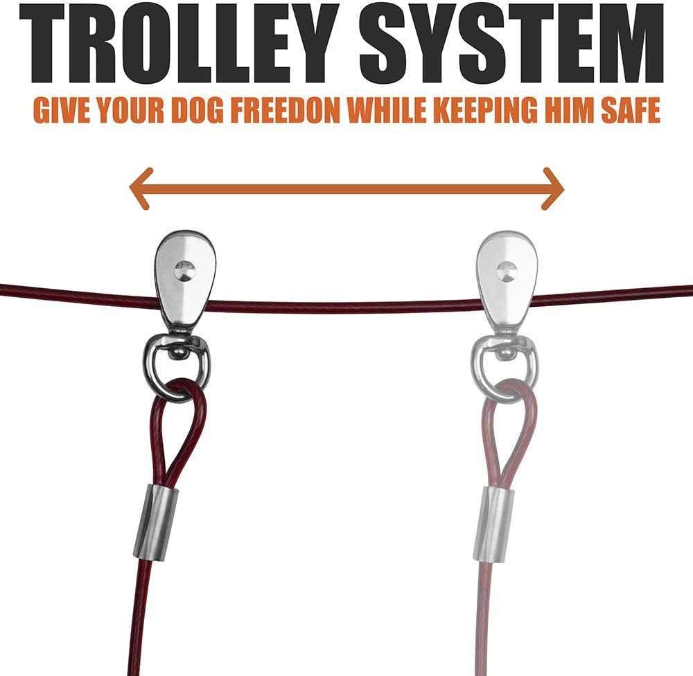 Dog Aerial Trolley System Tie Out for Yard - 60Ft Dog Run Cable with 10Ft Pulley Runner Lead - Heavy Duty Reflective Cable for Dogs up to 125 Lbs, Rust-Resistant & Tangle-Free Outdoor Runner