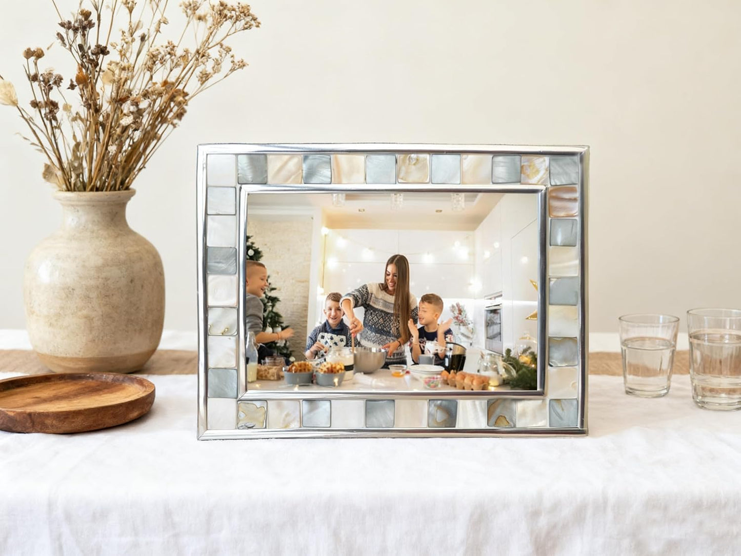 Silver Plate Grey Picture Frame 6X8 Mother of Pearl Wall Frame 6By8 Wedding Photo Frame Mosaic Glass Tabletop Picture Frame (Grey+ White,1Pc)
