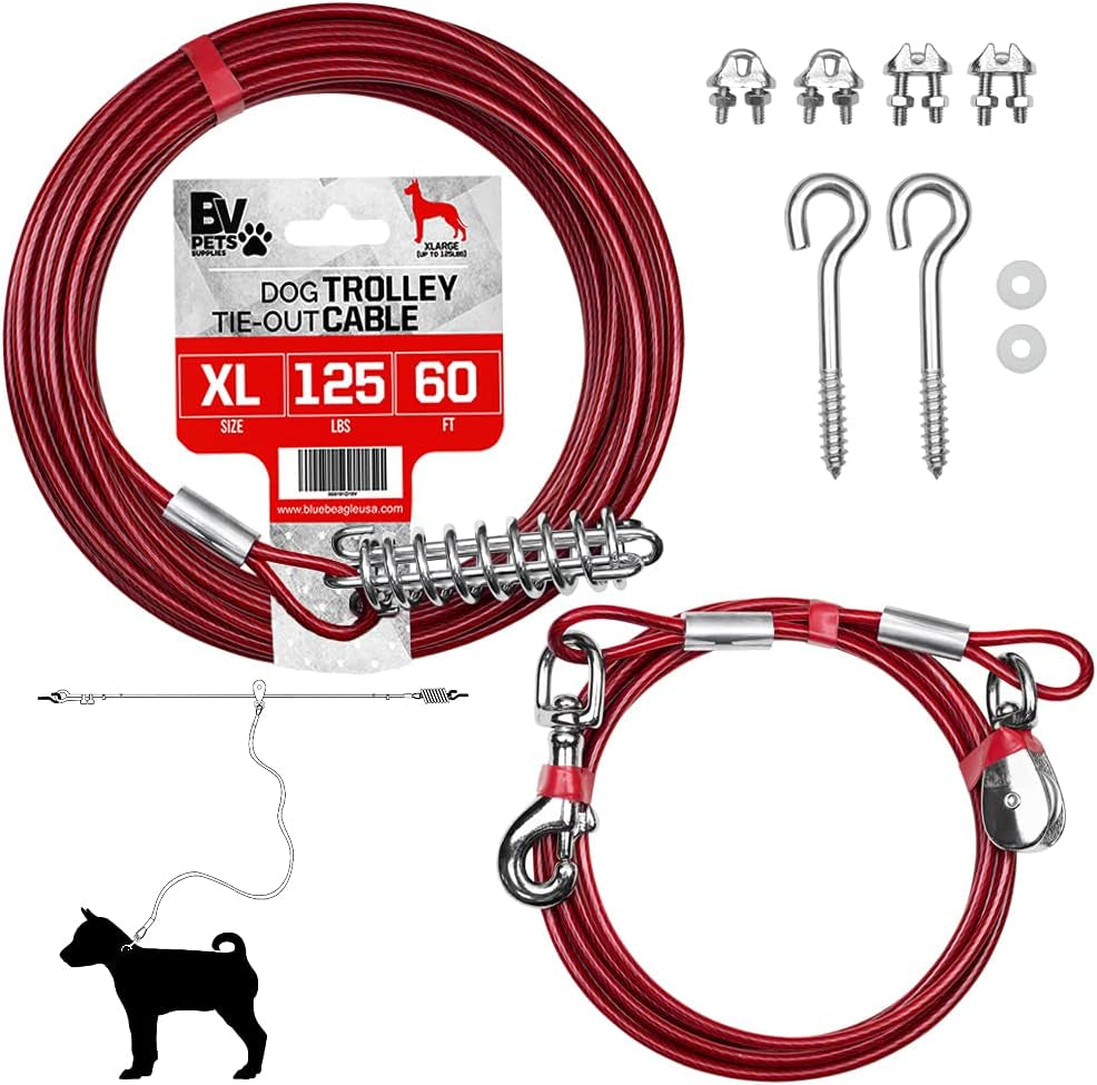 Dog Aerial Trolley System Tie Out for Yard - 60Ft Dog Run Cable with 10Ft Pulley Runner Lead - Heavy Duty Reflective Cable for Dogs up to 125 Lbs, Rust-Resistant & Tangle-Free Outdoor Runner