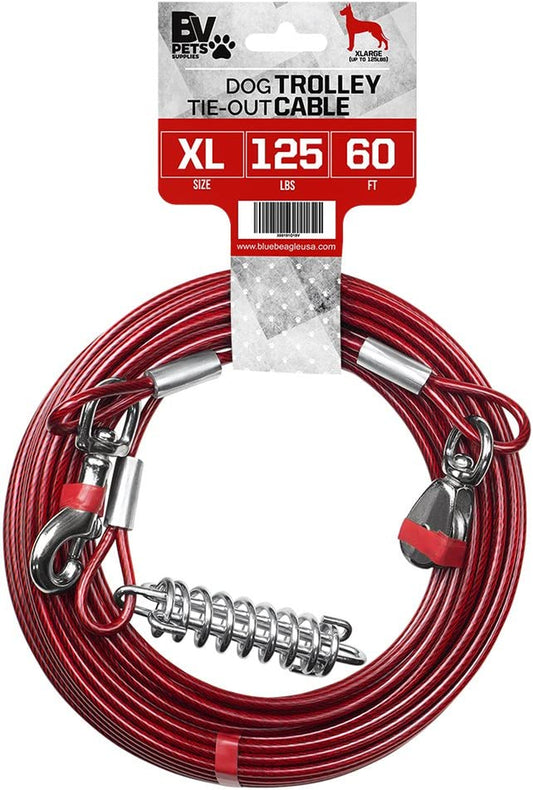 Dog Aerial Trolley System Tie Out for Yard - 60Ft Dog Run Cable with 10Ft Pulley Runner Lead - Heavy Duty Reflective Cable for Dogs up to 125 Lbs, Rust-Resistant & Tangle-Free Outdoor Runner