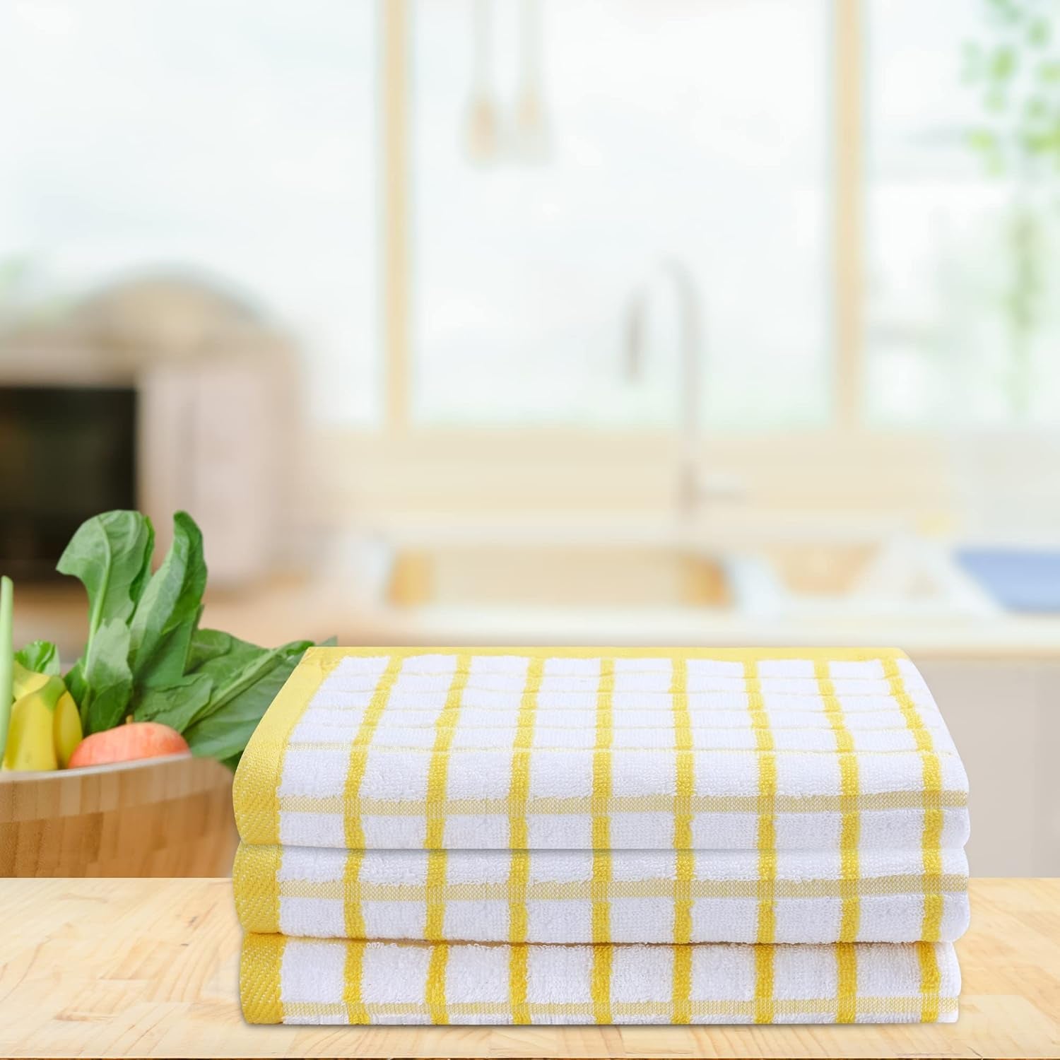 Kitchen Towels Yellow/White Set of 3 Terry Kitchen Towels 100% Cotton Ultra Soft Size 20X30 Inches Highly Absorbent over Sized Kitchentowels with Hanging Loop Kitchentowels