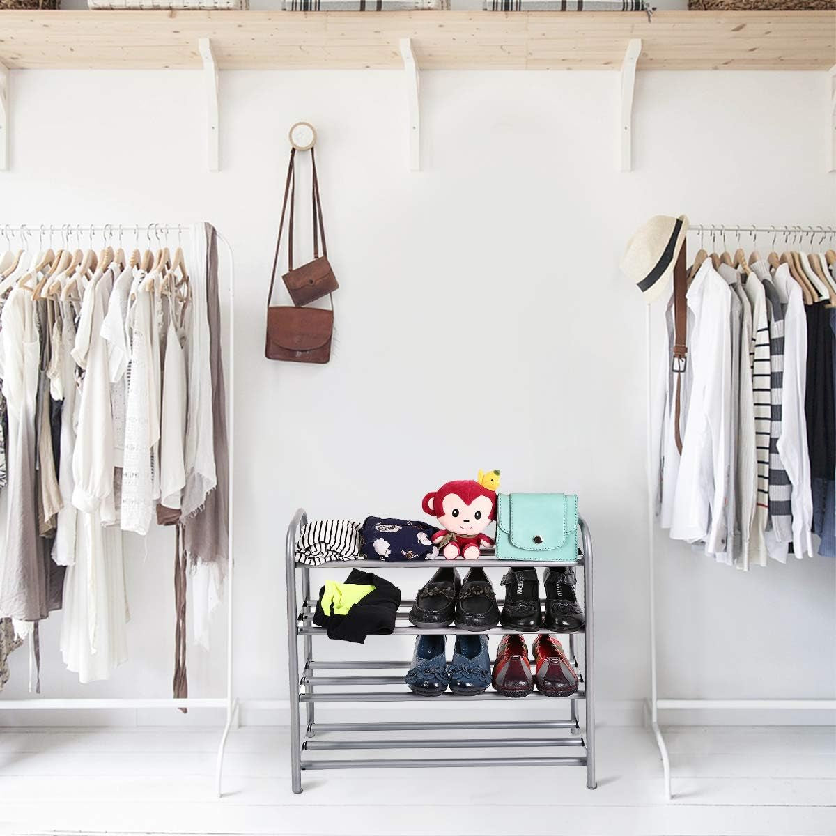 Shoe Rack Organizer for Closet Entryway, 4 Tiers Adjustable Heavy Duty Metal Shoe Storage Shelf, Large Enough for 20+ Pairs of Shoes (23.6"~41.7"X8.9"X24.2")(Silver)
