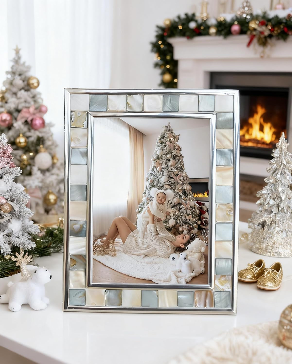 Silver Plate Grey Picture Frame 6X8 Mother of Pearl Wall Frame 6By8 Wedding Photo Frame Mosaic Glass Tabletop Picture Frame (Grey+ White,1Pc)