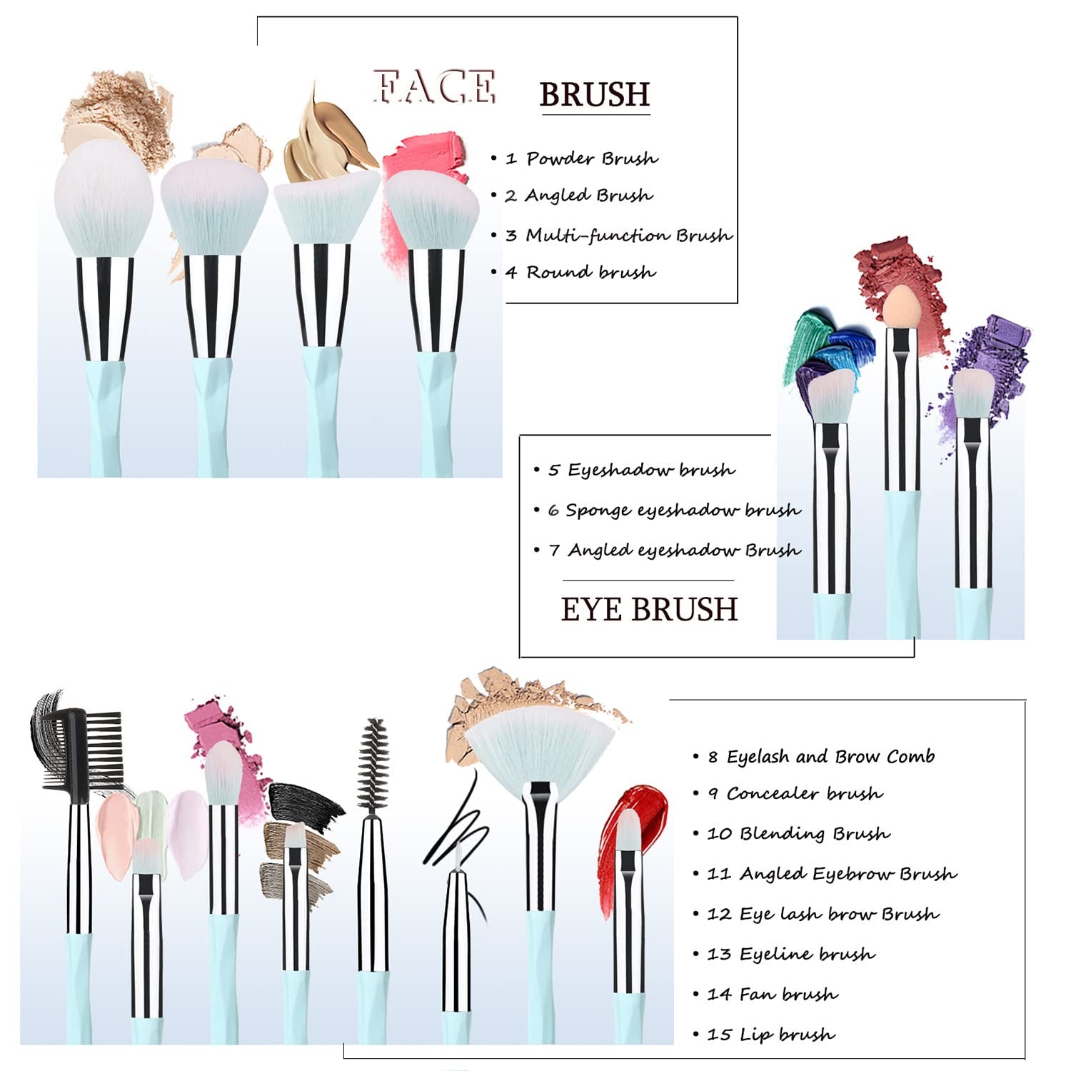 Pink Blue Gradient Makeup Brushes and Makeup Sponges Set 18Pcs/Set ,Soft Synthetic Fiber Makeup Brush Set,Suitable for Beginners/Makeup Artists, Valentine'S Day, Christmas Gifts