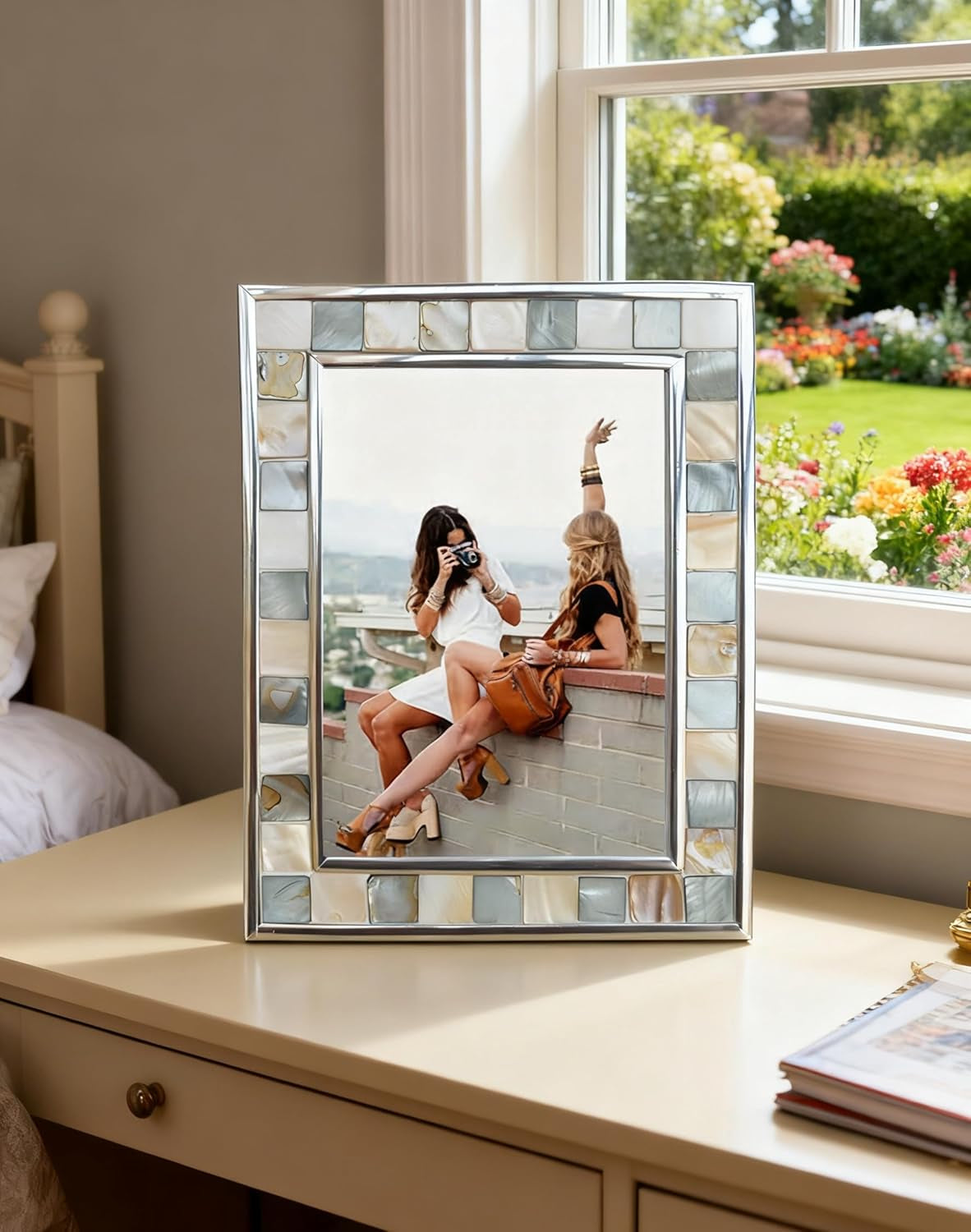 Silver Plate Grey Picture Frame 6X8 Mother of Pearl Wall Frame 6By8 Wedding Photo Frame Mosaic Glass Tabletop Picture Frame (Grey+ White,1Pc)