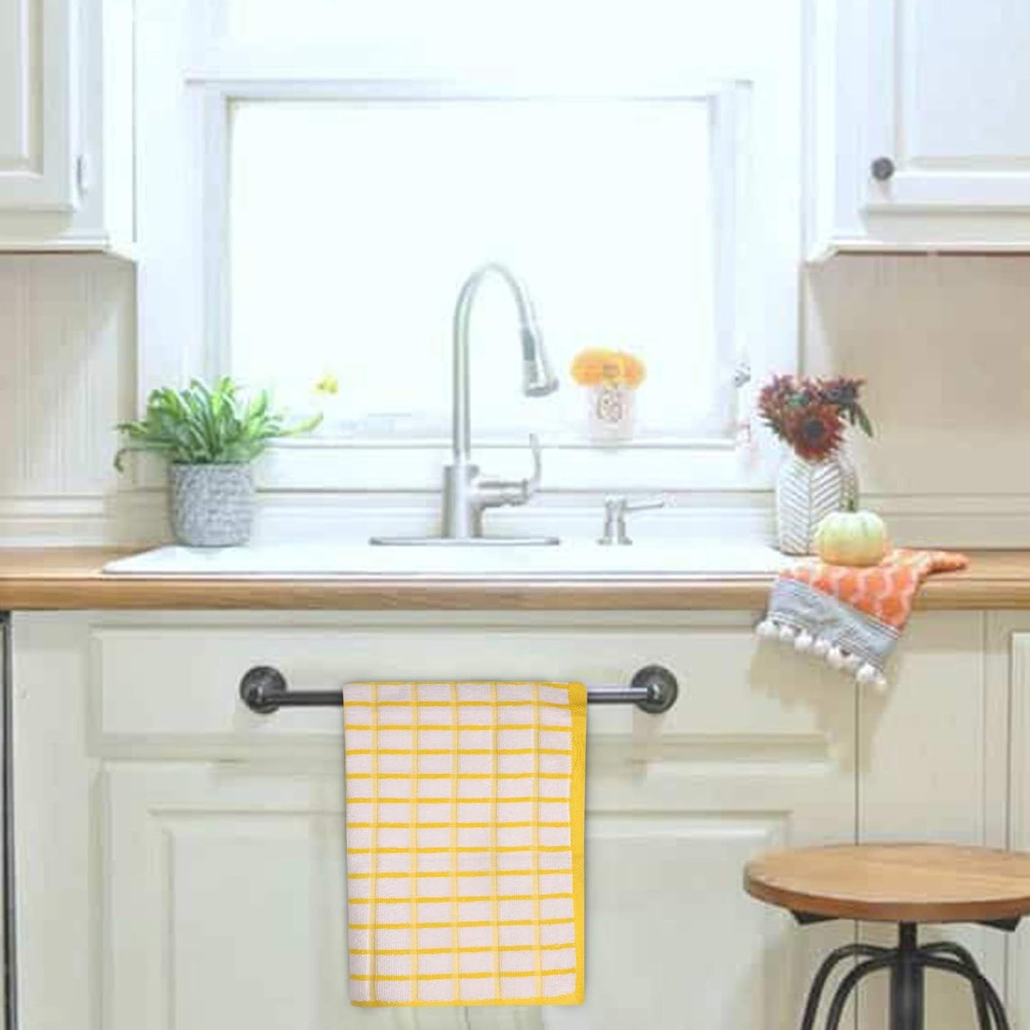 Kitchen Towels Yellow/White Set of 3 Terry Kitchen Towels 100% Cotton Ultra Soft Size 20X30 Inches Highly Absorbent over Sized Kitchentowels with Hanging Loop Kitchentowels