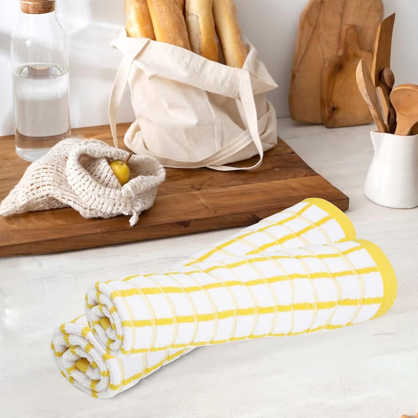 Kitchen Towels Yellow/White Set of 3 Terry Kitchen Towels 100% Cotton Ultra Soft Size 20X30 Inches Highly Absorbent over Sized Kitchentowels with Hanging Loop Kitchentowels