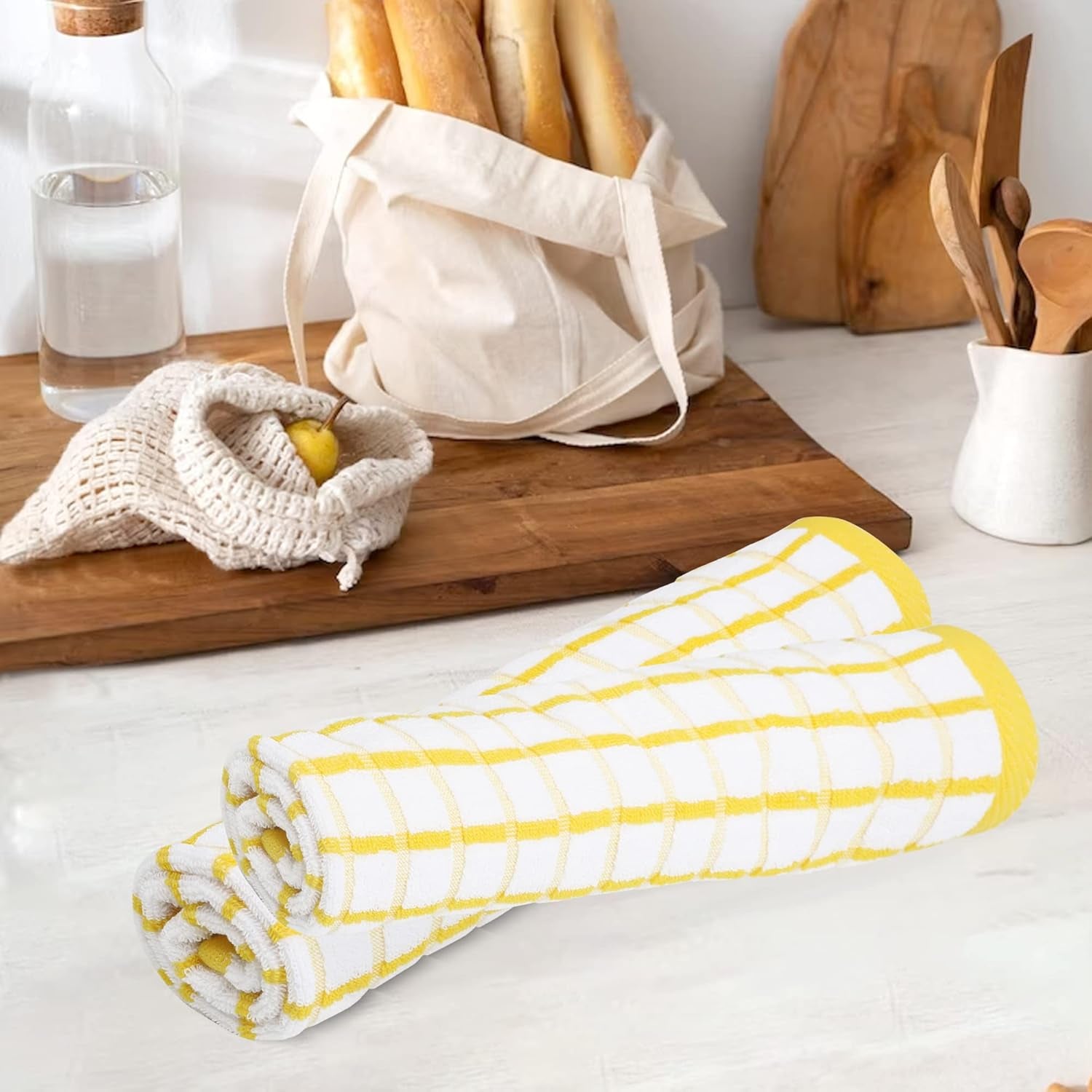 Kitchen Towels Yellow/White Set of 3 Terry Kitchen Towels 100% Cotton Ultra Soft Size 20X30 Inches Highly Absorbent over Sized Kitchentowels with Hanging Loop Kitchentowels