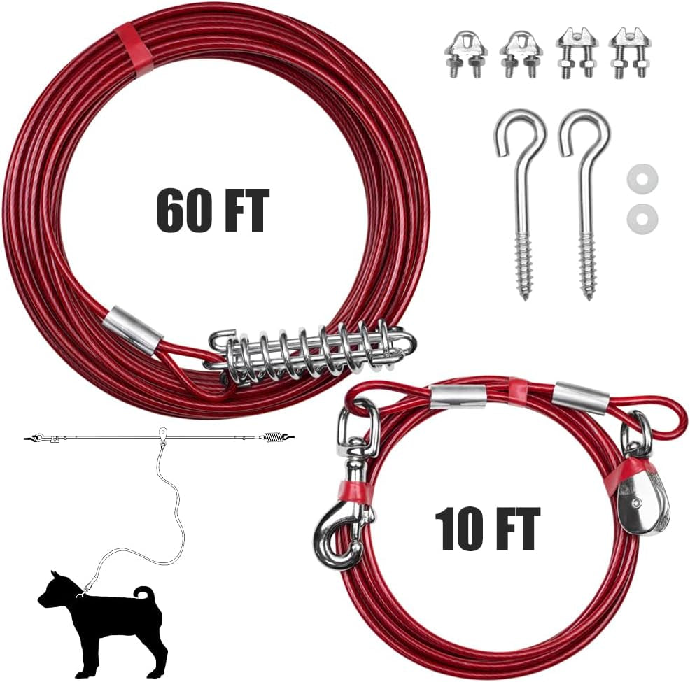 Dog Aerial Trolley System Tie Out for Yard - 60Ft Dog Run Cable with 10Ft Pulley Runner Lead - Heavy Duty Reflective Cable for Dogs up to 125 Lbs, Rust-Resistant & Tangle-Free Outdoor Runner