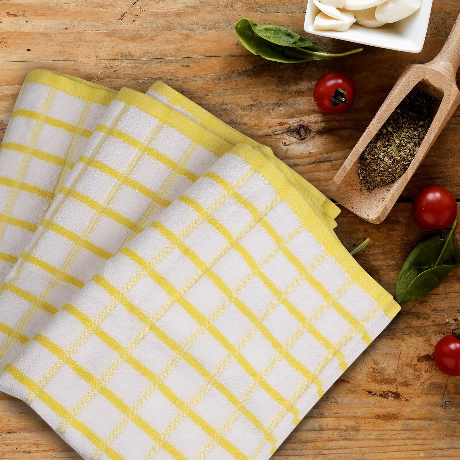 Kitchen Towels Yellow/White Set of 3 Terry Kitchen Towels 100% Cotton Ultra Soft Size 20X30 Inches Highly Absorbent over Sized Kitchentowels with Hanging Loop Kitchentowels