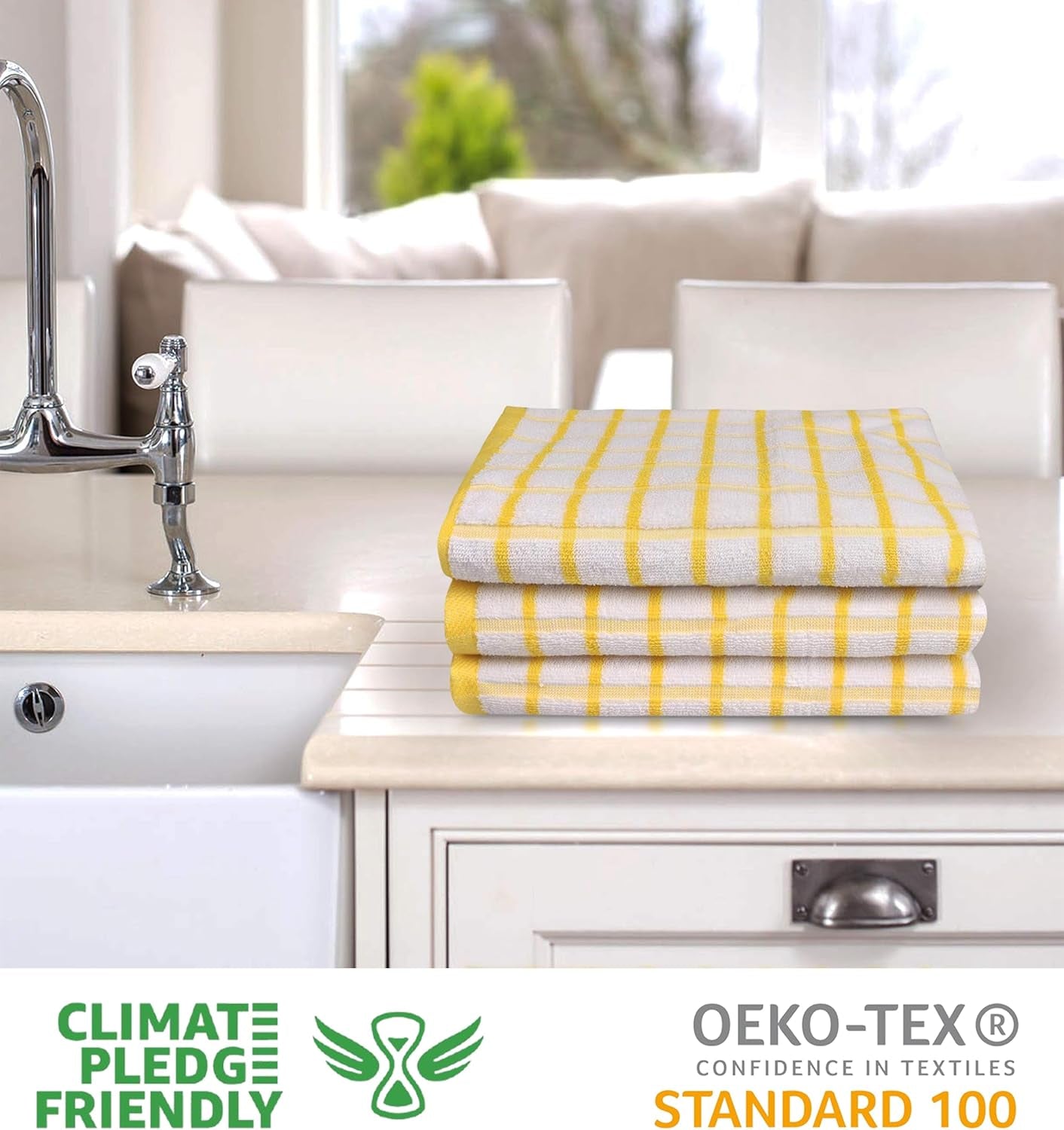 Kitchen Towels Yellow/White Set of 3 Terry Kitchen Towels 100% Cotton Ultra Soft Size 20X30 Inches Highly Absorbent over Sized Kitchentowels with Hanging Loop Kitchentowels