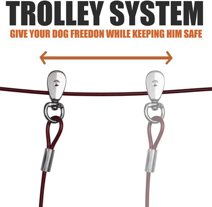 Dog Aerial Trolley System Tie Out for Yard - 60Ft Dog Run Cable with 10Ft Pulley Runner Lead - Heavy Duty Reflective Cable for Dogs up to 125 Lbs, Rust-Resistant & Tangle-Free Outdoor Runner