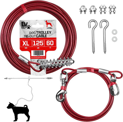 Dog Aerial Trolley System Tie Out for Yard - 60Ft Dog Run Cable with 10Ft Pulley Runner Lead - Heavy Duty Reflective Cable for Dogs up to 125 Lbs, Rust-Resistant & Tangle-Free Outdoor Runner